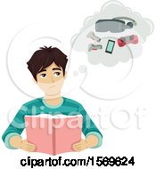 Poster, Art Print Of Teen Guy Thinking About Gaming While Reading A Book