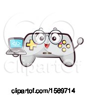 Poster, Art Print Of Video Game Controller Mascot Character Holding A Laptop With Html Code
