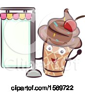 Clipart Of A Chocolate Ice Cream Cone Mascot Character With A Blank Sign Royalty Free Vector Illustration by BNP Design Studio