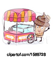 Clipart Of A Chocolate Ice Cream Cone Mascot Character At A Food Cart Royalty Free Vector Illustration by BNP Design Studio