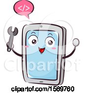 Poster, Art Print Of Tablet Mascot Holding A Wrench And Speaking Coding