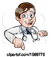 Poster, Art Print Of Cartoon Friendly Brunette White Male Doctor Pointing Down Over A Sign