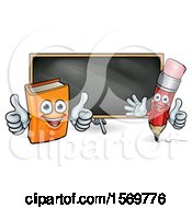 Poster, Art Print Of Cartoon Red Pencil And Orange Book In Front Of A Blackboard
