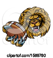 Poster, Art Print Of Tough Lion Monster Mascot Holding Out An American Football In One Clawed Paw