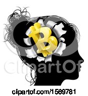 Poster, Art Print Of Black Silhouetted Womans Head With A 3d Gold Bitcoin Symbol Breaking Out Thinking About Money