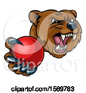 Poster, Art Print Of Mad Grizzly Bear Mascot Holding Out A Cricket Ball In A Clawed Paw