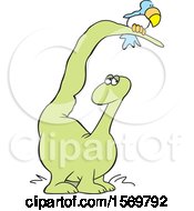 Clipart Of A Cartoon Dinosaur With A Bird On His Tail Royalty Free Vector Illustration