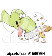 Clipart Of A Cartoon Cavewoman Holding A Giant Dish And Feeding Her Pet Dinosaur Royalty Free Vector Illustration by Johnny Sajem