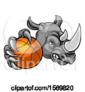 Poster, Art Print Of Tough Rhino Monster Mascot Holding Out A Basketball In One Clawed Paw