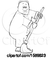 Clipart Of A Cartoon Lineart Black Male Custodian Janitor Mopping Royalty Free Vector Illustration