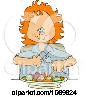 Poster, Art Print Of Cartoon Red Haired White Girl Eating A Veggie Meal Of Carrots Peas And Potatoes