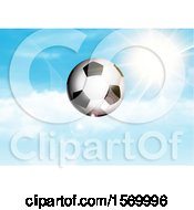 Clipart Of A 3d Soccer Ball Against A Blue Sky Royalty Free Vector Illustration