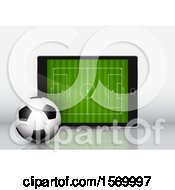 Poster, Art Print Of 3d Soccer Ball Against A Tablet With A Pitch On The Screen