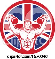 Clipart Of A Retro Male Bodybuilder Working Out With Kettlebells In A Union Jack Flag Circle Royalty Free Vector Illustration