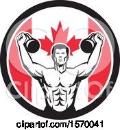 Clipart Of A Retro Male Bodybuilder Working Out With Kettlebells In A Canadian Flag Circle Royalty Free Vector Illustration