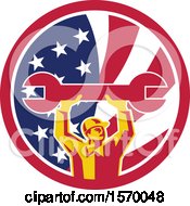 Clipart Of A Retro Male Mechanic Holding Up A Giant Wrench In An American Flag Circle Royalty Free Vector Illustration