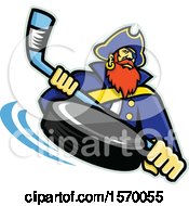 Hockey Sports Pirate Mascot Holding A Stick With A Flying Puck