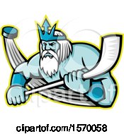 Hockey Sports Mascot Of Poseidon Holding A Stick With A Flying Puck