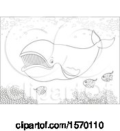 Clipart Of A Lineart Whale Swimming With Fish Royalty Free Vector Illustration