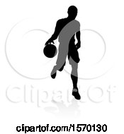 Clipart Of A Silhouetted Basketball Player Dribbling With A Reflection Or Shadow On A White Background Royalty Free Vector Illustration