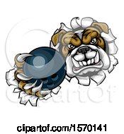 Clipart Of A Tough Bulldog Monster Sports Mascot Holding Out A Bowling Ball In One Clawed Paw And Breaking Through A Wall Royalty Free Vector Illustration