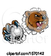 Poster, Art Print Of Bear Sports Mascot Breaking Through A Wall With A Soccer Ball In A Paw