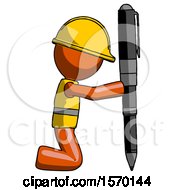 Poster, Art Print Of Orange Construction Worker Contractor Man Posing With Giant Pen In Powerful Yet Awkward Manner
