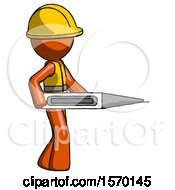Poster, Art Print Of Orange Construction Worker Contractor Man Walking With Large Thermometer