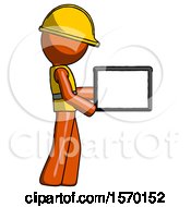 Poster, Art Print Of Orange Construction Worker Contractor Man Show Tablet Device Computer To Viewer Blank Area