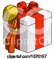 Poster, Art Print Of Orange Construction Worker Contractor Man Leaning On Gift With Red Bow Angle View