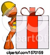 Poster, Art Print Of Orange Construction Worker Contractor Man Gift Concept - Leaning Against Large Present