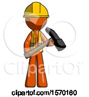 Poster, Art Print Of Orange Construction Worker Contractor Man Holding Hammer Ready To Work