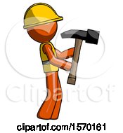 Poster, Art Print Of Orange Construction Worker Contractor Man Hammering Something On The Right