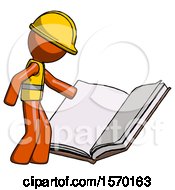 Poster, Art Print Of Orange Construction Worker Contractor Man Reading Big Book While Standing Beside It