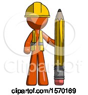 Poster, Art Print Of Orange Construction Worker Contractor Man With Large Pencil Standing Ready To Write