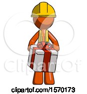 Poster, Art Print Of Orange Construction Worker Contractor Man Gifting Present With Large Bow Front View