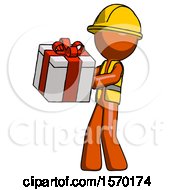Poster, Art Print Of Orange Construction Worker Contractor Man Presenting A Present With Large Red Bow On It