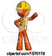 Poster, Art Print Of Orange Construction Worker Contractor Man Waving Left Arm With Hand On Hip