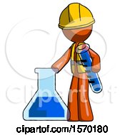 Poster, Art Print Of Orange Construction Worker Contractor Man Holding Test Tube Beside Beaker Or Flask