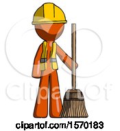 Poster, Art Print Of Orange Construction Worker Contractor Man Standing With Broom Cleaning Services