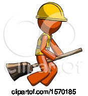 Poster, Art Print Of Orange Construction Worker Contractor Man Flying On Broom