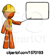 Orange Construction Worker Contractor Man Giving Presentation In Front Of Dry-Erase Board