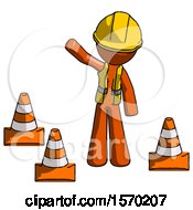 Poster, Art Print Of Orange Construction Worker Contractor Man Standing By Traffic Cones Waving