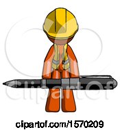 Poster, Art Print Of Orange Construction Worker Contractor Man Weightlifting A Giant Pen