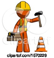 Poster, Art Print Of Orange Construction Worker Contractor Man Under Construction Concept Traffic Cone And Tools