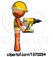 Poster, Art Print Of Orange Construction Worker Contractor Man Using Drill Drilling Something On Right Side