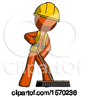 Poster, Art Print Of Orange Construction Worker Contractor Man Cleaning Services Janitor Sweeping Floor With Push Broom