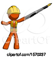 Poster, Art Print Of Orange Construction Worker Contractor Man Pen Is Mightier Than The Sword Calligraphy Pose