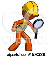 Poster, Art Print Of Orange Construction Worker Contractor Man Inspecting With Large Magnifying Glass Right