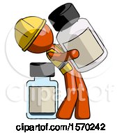 Poster, Art Print Of Orange Construction Worker Contractor Man Holding Large White Medicine Bottle With Bottle In Background